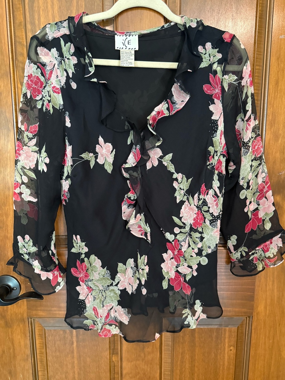 Ice Black Floral Ruffle V-Neck Blouse - Pink & Green